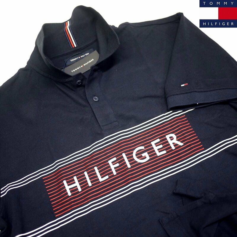 新品 トミーヒルフィガー 100％コットン 刺繍ロゴ ポロシャツ(M)ネイビー ゴルフにも！TOMMY HILFIGER USAモデル /fa6