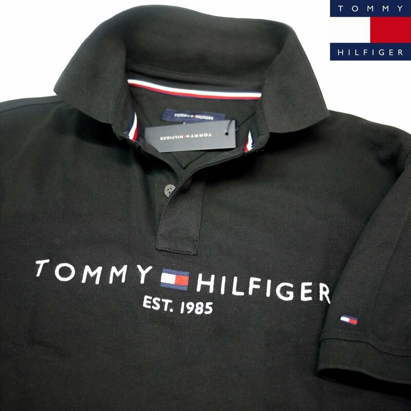 新品 トミーヒルフィガー 刺繍ロゴ ストレッチ ポロシャツ (M) ブラック 黒 ゴルフにも！TOMMY HILFIGER USAモデル /fa25