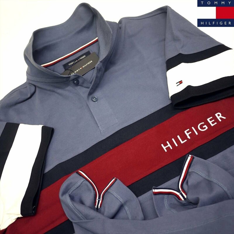 新品 トミーヒルフィガー 100％コットン 刺繍ロゴ ポロシャツ(XL)ブルーグレー系 ゴルフにも！TOMMY HILFIGER USAモデル /fa62