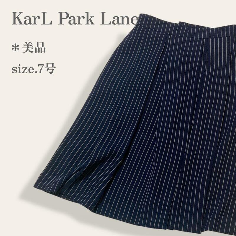 【美品】 KarL Park Lane カールパークレーン タック フレア スカート ストライプ柄 フォーマル セレモニー レディース 紺 白 /J1155