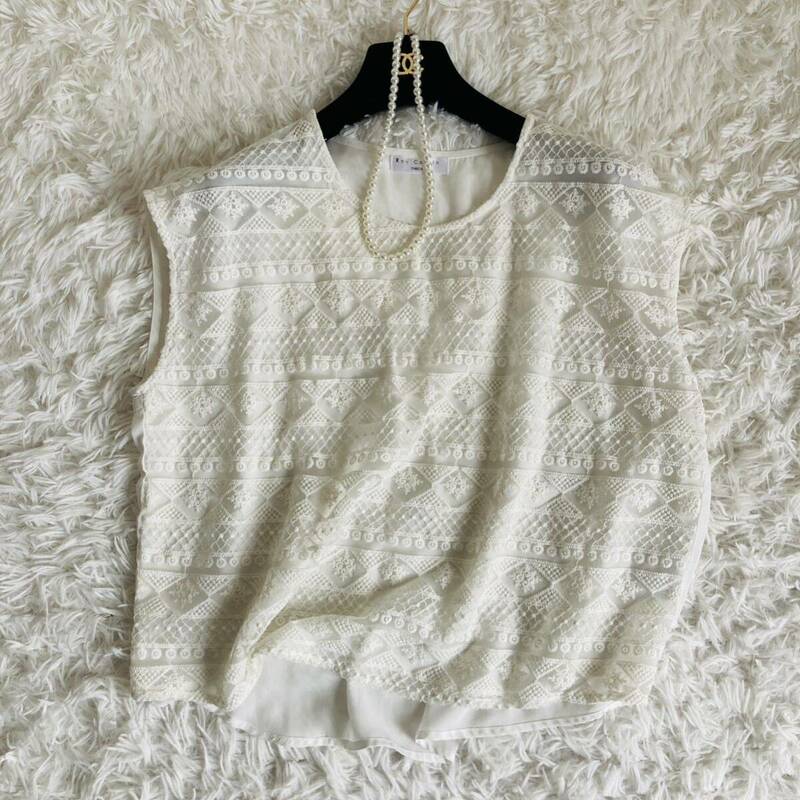 【大人気】 レイカズン Ray Cassin niece 刺繍 ケミカルレース ブラウス シアー ノースリーブ カットソー 白 ホワイト White L /J786