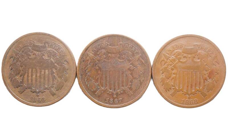 1866・1867・1868年 アメリカ合衆国 2セント銅貨 3枚組 US 2cent アメリカ コインコレクション品