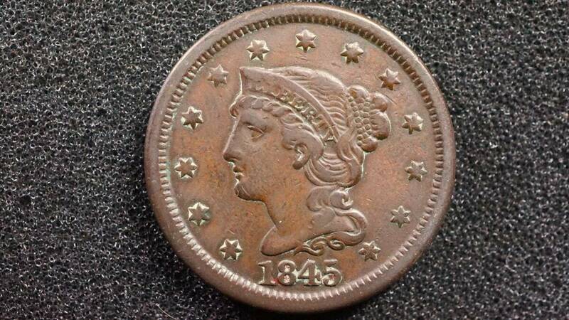 1845年 アメリカ合衆国 1セント銅貨 直径28.0mm US ONE CENT ブレイデッド ヘア 