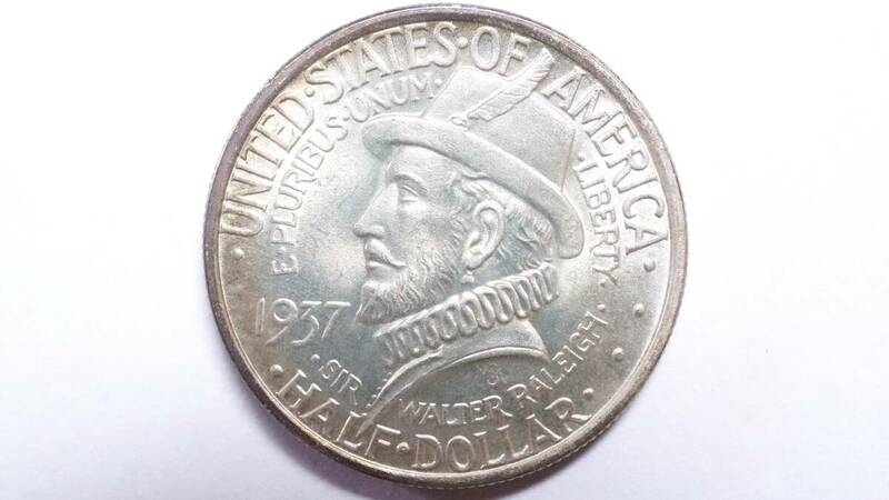 1937年 アメリカ合衆国 50セント記念銀貨 ノースカロライナ州ローノーク島 350年 Silver.900 US HALF DOLLAR