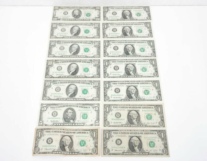 714-2 古銭祭 アメリカ 20ドルx1枚 10ドルx4枚 5ドルx1枚 1ドルx9枚 74ドル分 USD 外貨 外国紙幣 画像をご確認ください