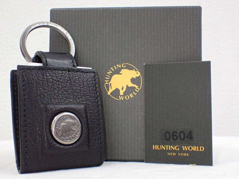 UH1746《1円》《美品》ハンティングワールド HUNTING WORLD キーリング キーホルダー ロゴ レザー 黒 ブラック