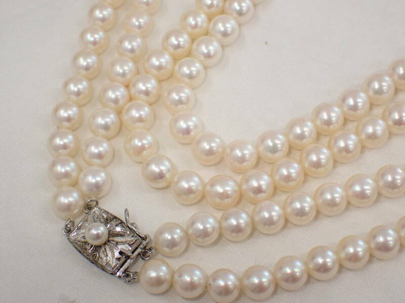 UH1752《1円》天然 本真珠 2連ネックレス 留め金具SILVER刻印有 アコヤ真珠 パール 約53.4g 約6．5㎜～7㎜ 