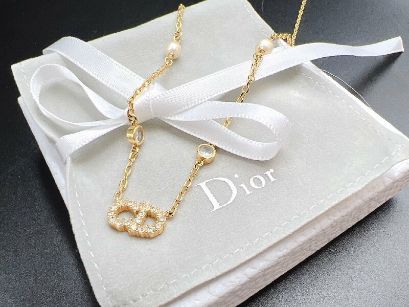 Chistcian Dior クリスチャン ディオール ネックレス CDロゴ ラインストーン フェイクパール ゴールド アクセサリー 【AJ018】