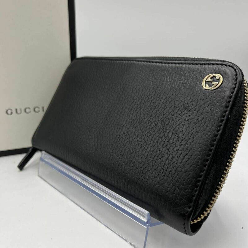 1円●美品●GUCCI グッチ 長財布 ラウンドジップ ウォレット インターロッキング GG レザー 本革 ブラック 黒 メンズ 男女兼用