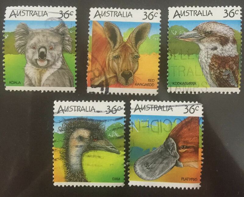 オーストラリア切手1986年★レッドカンガルー、エミュ、コアラ、クッカバラ、カモノハシ