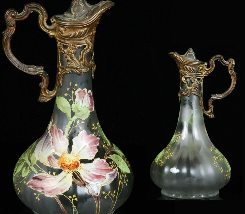 西洋アンティーク 花図ガラス花瓶 アンティーク花瓶 デキャンタ 花器 25.6cm 資産 コレクター収蔵品[65236qo]