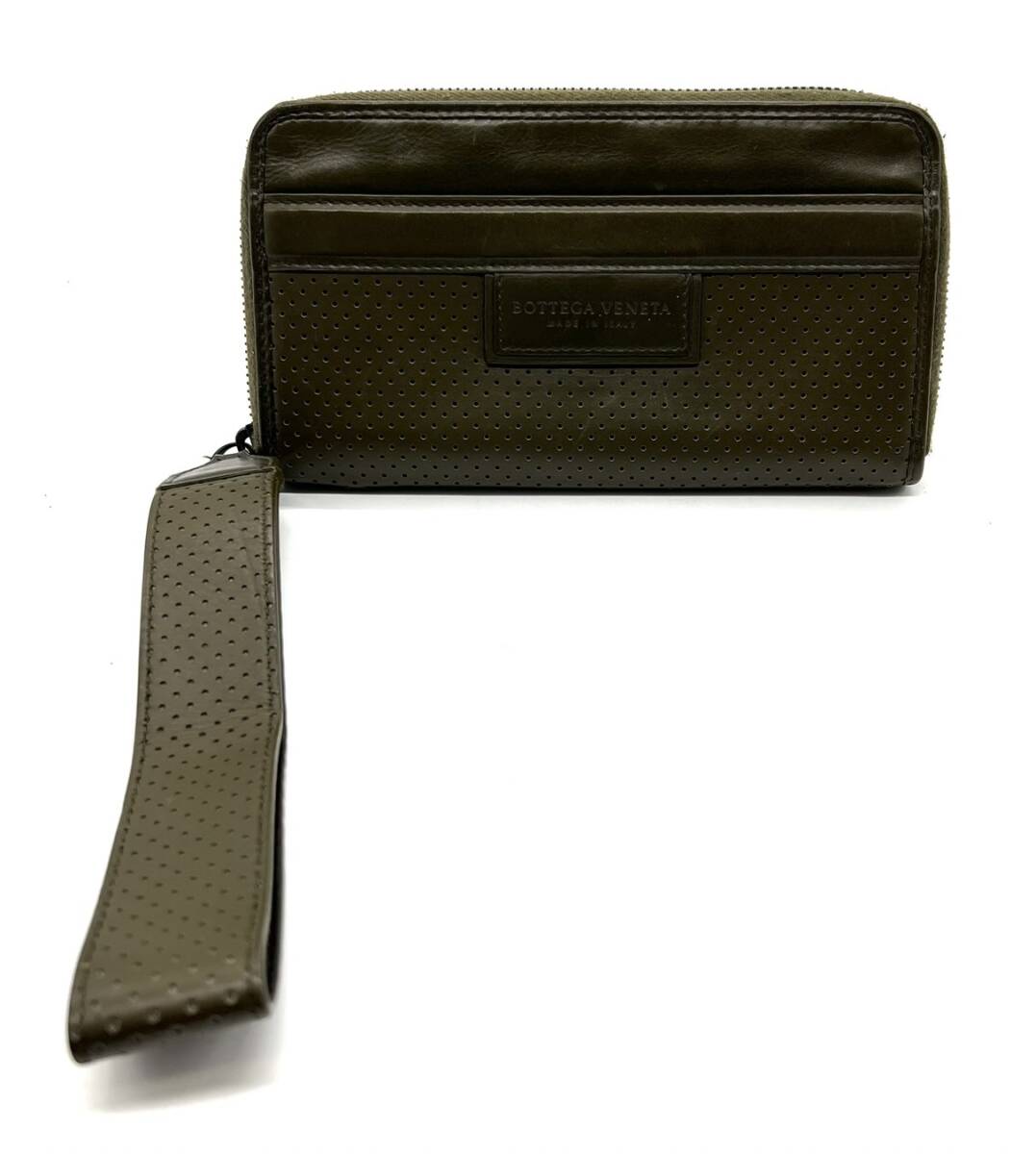 ■BOTTEGA VENETA ボッテガ ヴェネタ 566197 レッジェーロ パンチングレザー L字ファスナー サイフ 長財布 カーキ 現状品