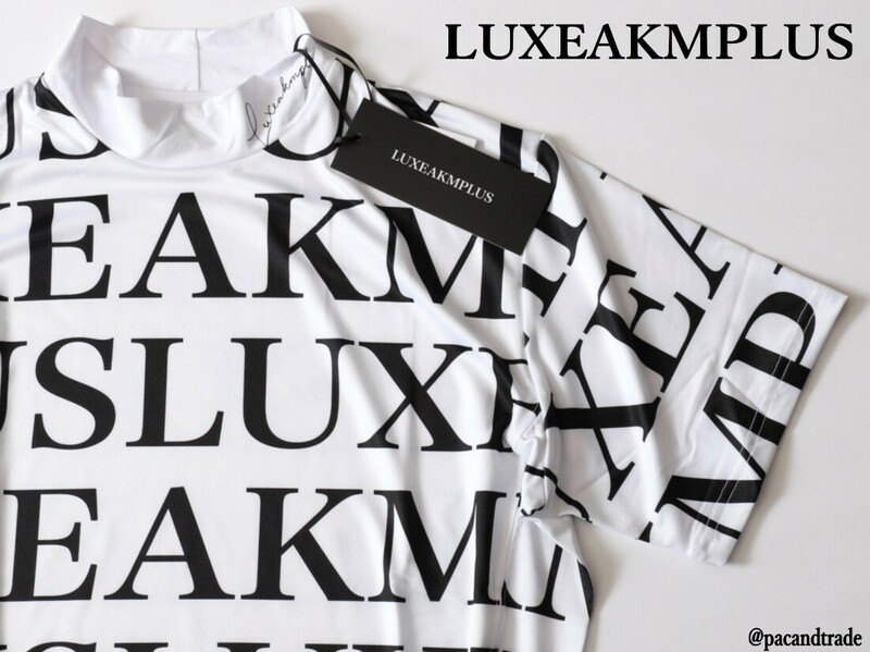 LEON掲載★LUXEAKMPLUS リュクスエイケイエムプラス★総柄ロゴモックネック半袖Tシャツ★L【lat-23004】ホワイト白【本物保証】LUXE AKM