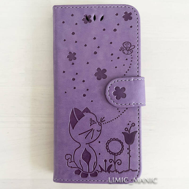 iPhone 7 8 SE (第2世代/第3世代) SE2 SE3 ケース スマホ 手帳型 カードケース パープル 紫 猫 CAT 猫ちゃん 蝶 花 アイフォン