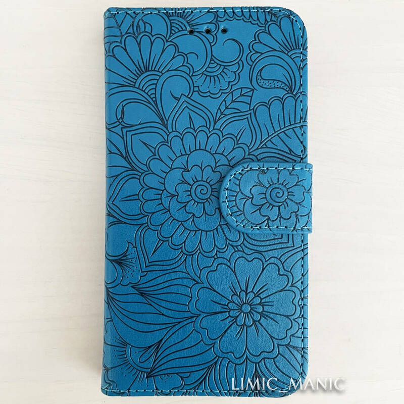 iPhone 6 6s 7 8 SE (第2世代/第3世代) SE2 SE3 ケース スマホ 手帳型 カードケース ブルー 青 青色 花模様 エンボス加工 アイフォン