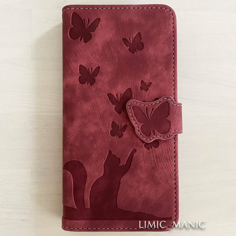 iPhone 13 / 14 ケース スマホ 手帳型 カードケース レッド 赤 猫 CAT ねこ 蝶 エンボス加工 アイフォン