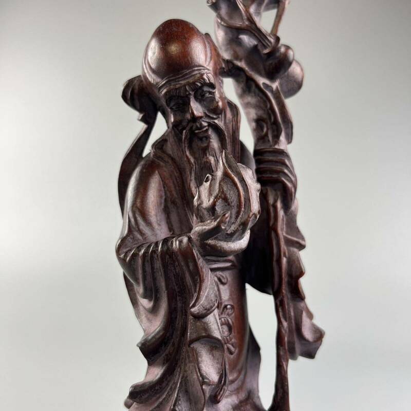 中国古玩 唐物 唐木 細密彫刻細工 寿老人 置物 木彫 細密細工 古美術品 オブジェ 彫刻 置物 
