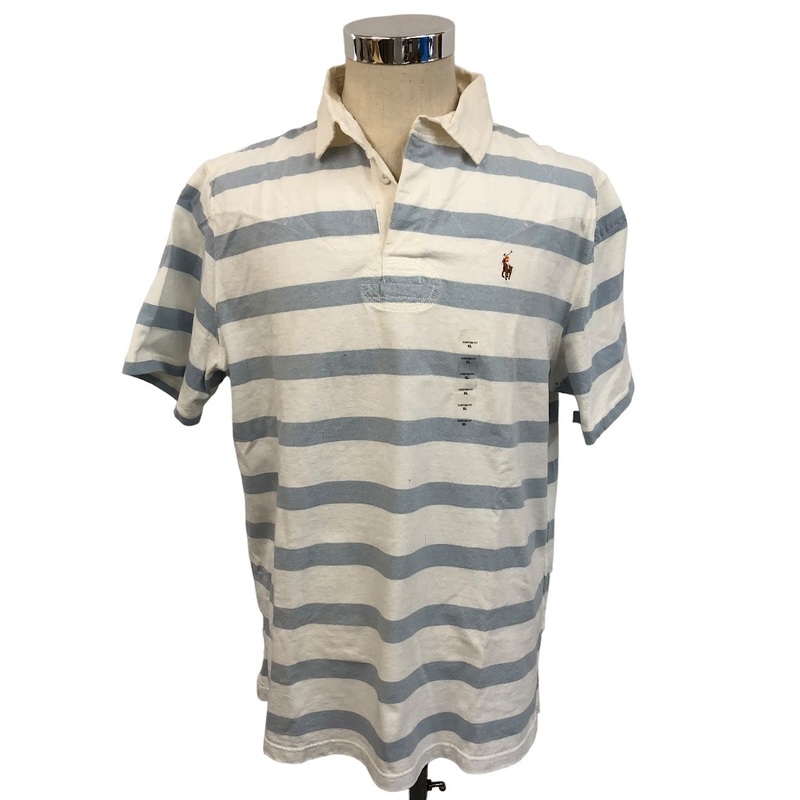 【ITFXAVSWXX78】Polo by Ralph Lauren ポロシャツ Tシャツ CUSTOM FIT ボーダー XL ライトブルー ホワイト 水色 白 半袖シャツ