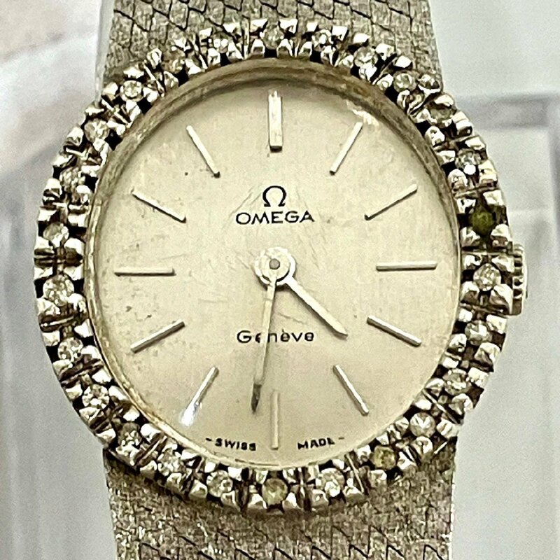 ※※稼働品 OMEGA オメガ Geneve ジュネーブ ダイヤベゼル 手巻き 腕時計 シルバー文字盤 18K 750刻印入り２針 アンティーク レディース※