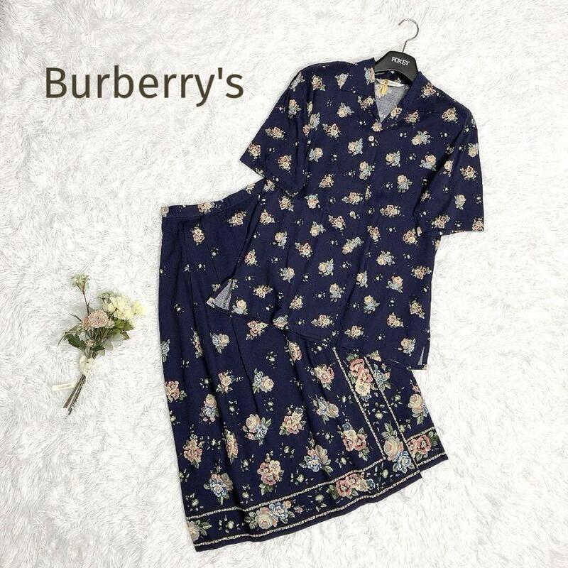 ☆Burberry's☆バーバリーズ 花柄ロングスカート×半袖ブラウスセットアップ ネイビー サイズ9号