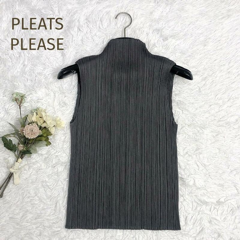 極美品☆PLEATS PLEASE☆プリーツプリーズ スタンドカラーノースリーブブラウス グレー サイズ3 L