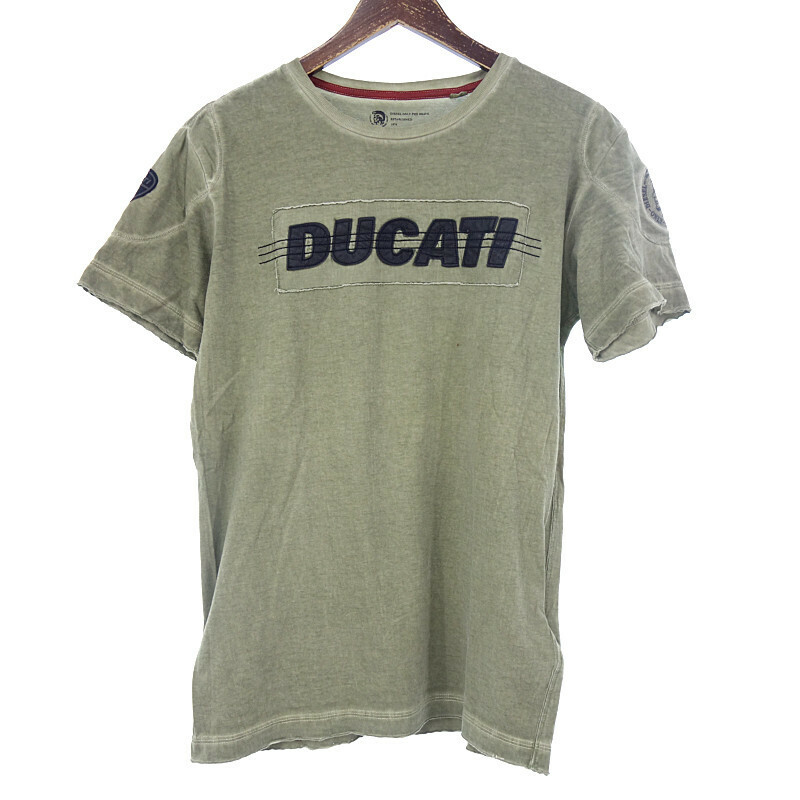 【PRICE DOWN】DIESEL × DUCATI レザー ロゴ 刺繍 半袖 Tシャツ カーキ メンズS