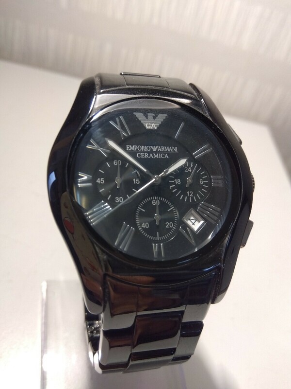 【M164】【稼働品】 EMPORIO ARMANI エンポリオアルマーニ 腕時計 AR-1400 クォーツ カレンダー ブラック クロノグラフ