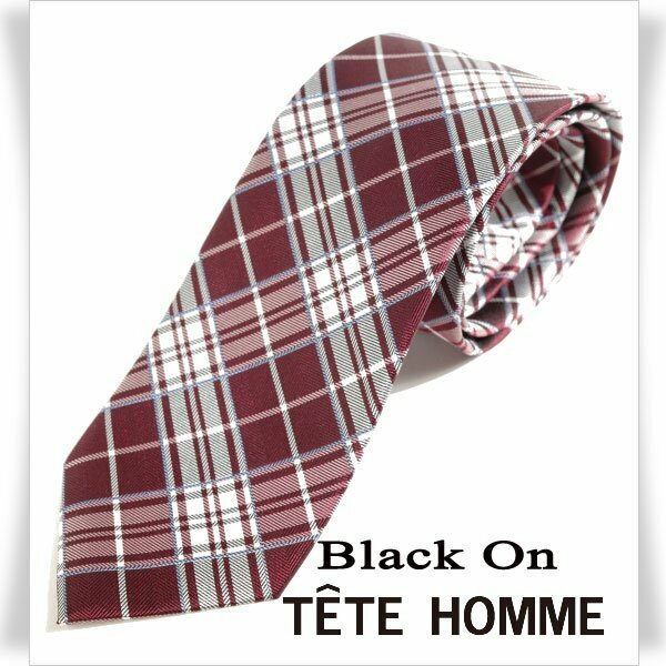 新品1円～★Black On TETE HOMME テットオム シルク絹100% ネクタイ 織柄 ボルドー チェック 正規店本物◆4989◆