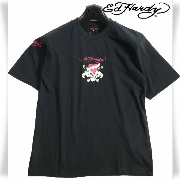 新品1円～★Ed Hardy エドハーディー メンズ 半袖 コットン綿 天竺 Tシャツ L 黒 ブラック クルーネック カットソー ◆5185◆