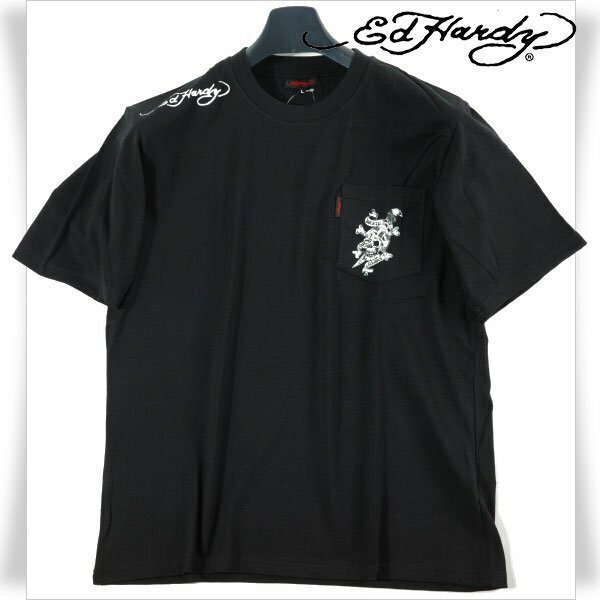 新品1円～★Ed Hardy エドハーディー メンズ 半袖 コットン綿 天竺 ポケット付き Tシャツ L 黒 ブラック クルーネック カットソー ◆5187◆