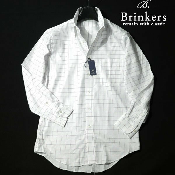 新品1円～★Brinkers ブリンカーズ 形態安定 綿100％ 長袖ボタンダウンシャツ M 39-78 チェック 白 ビジネスシャツ 本物 ◆5423◆