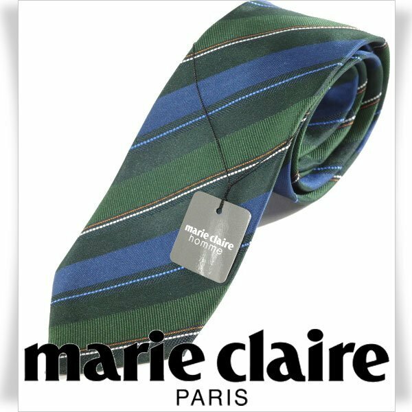 新品1円～★marie claire homme マリクレール オム シルク絹100％ ネクタイ ストライプ ネイビー グリーン 正規店本物 ◆5564◆