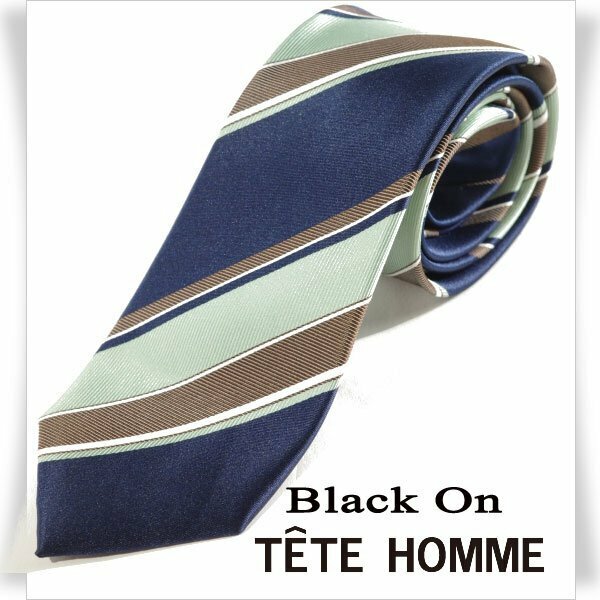 新品1円～★Black On TETE HOMME テットオム シルク絹100% ネクタイ 織柄 グリーン ストライプ 正規店本物◆5580◆