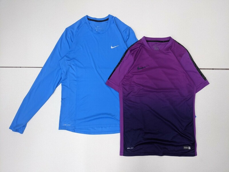 12．NIKE ナイキ 速乾 2点 セット 半袖 長袖 インナーシャツ アンダーウェア トレーニングウェア メンズL 紫青系 x605