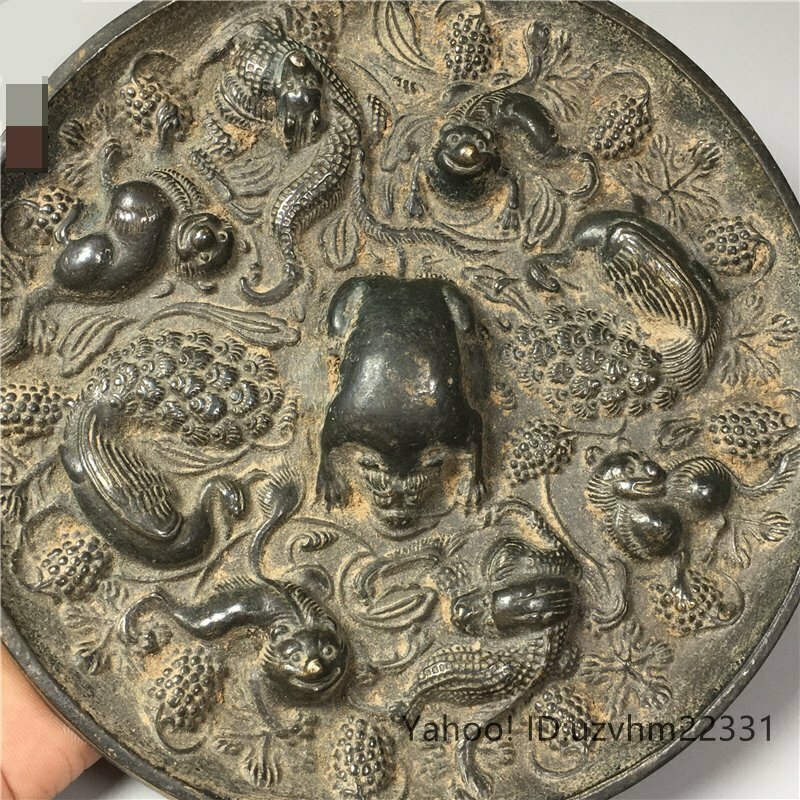 極美品 ！高品質！中国 漢 海獣葡萄鏡 青銅鏡 青銅彫 銅製 銅鏡 置物 擺件 収蔵 鑑賞