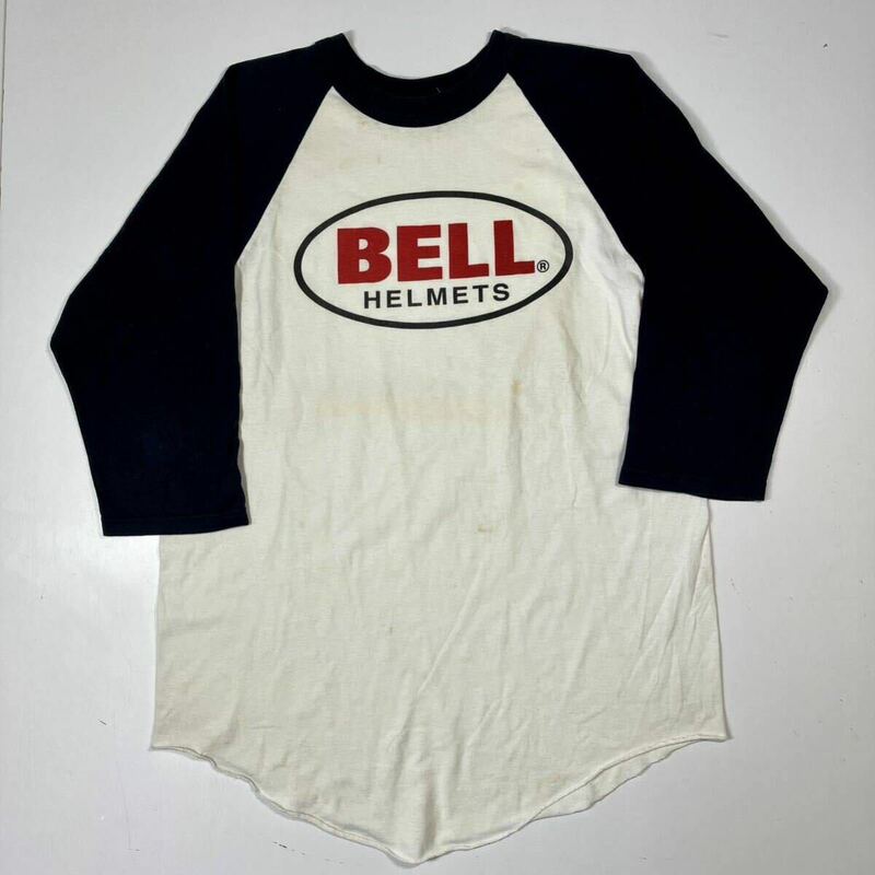 【L】USED BELL HELMETS Raglan Sleeves Logo Print Tee USA ベル ヘルメット ロゴ プリント ラグランスリーブ Tシャツ 米国製 F747