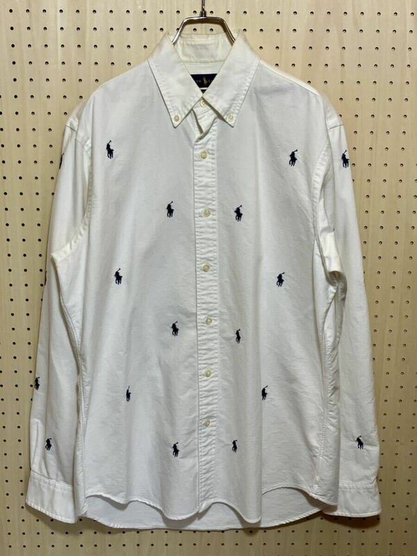 【M】 USED Ralph Lauren Pony Pattern BD Shirts White ラルフローレン ポニー 総柄 ボタンダウン コットン シャツ ホワイト F706