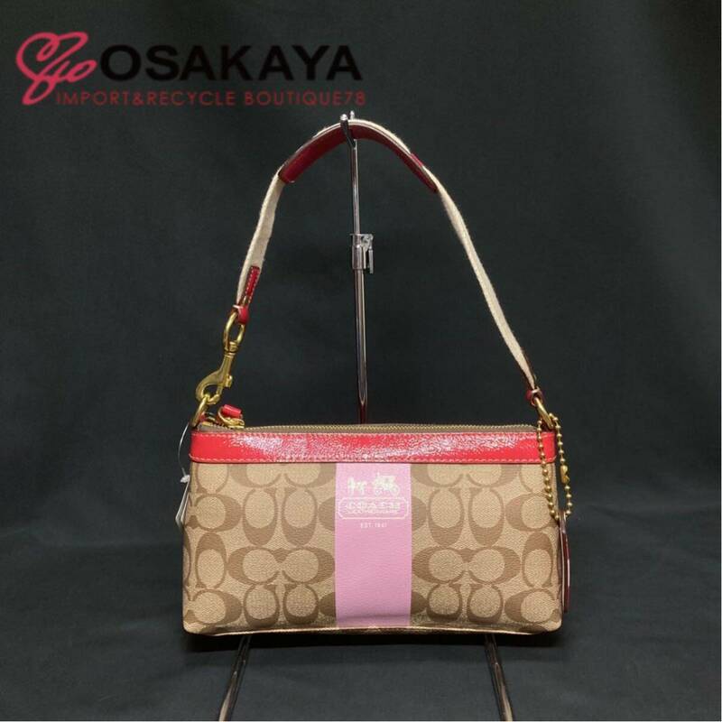 中古美品 COACH ヘリテージストライプデミ 11562 PVC レザー ベージュ ピンク コーチ レディース ハンドバッグ ショルダー シグネチャー