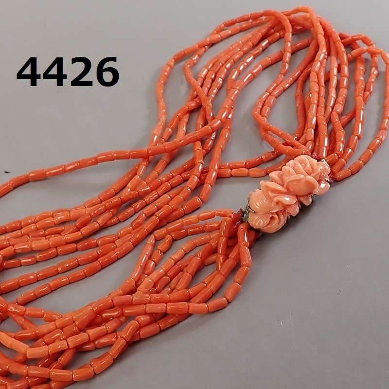 ■AC-4426◆本珊瑚　9連ネックレス　バラ花彫刻/コーラル　サンゴ　44㎝　20240602