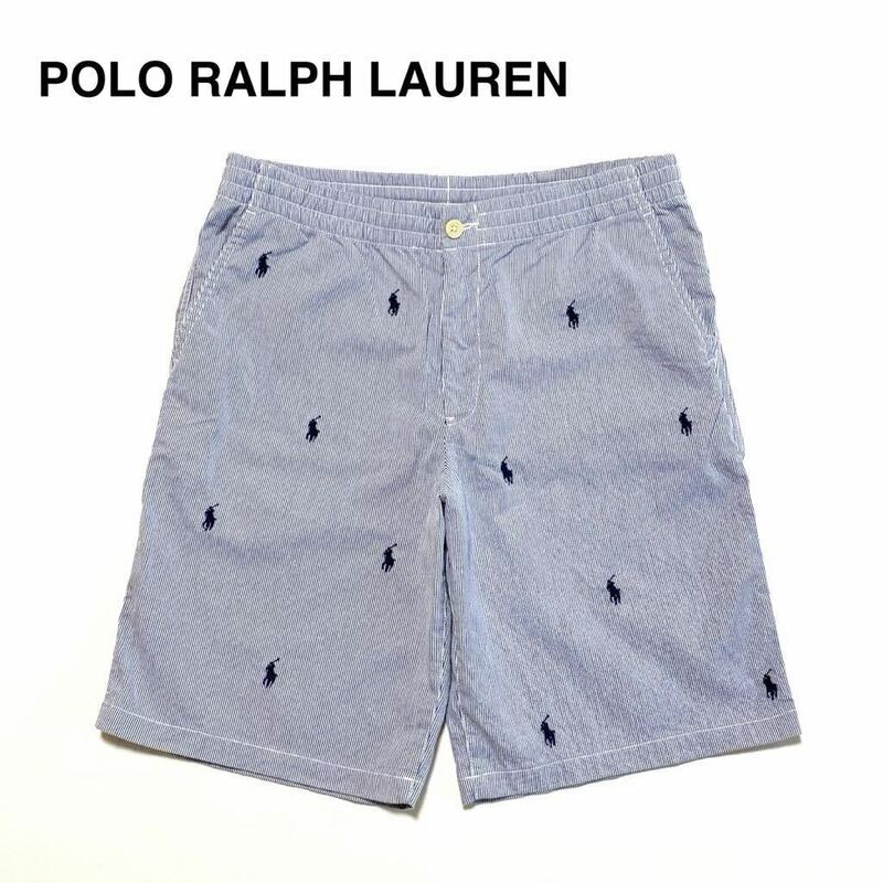 ☆美品 ラルフローレン RALPH LAUREN 総柄 ポニーロゴ ストライプ イージー ショートパンツ 青白 ハーフパンツ 短パン 古着 ヴィンテージ 