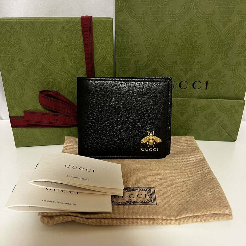 極美品 GUCCI グッチ ビー アニマリエ コインウォレット 二つ折り財布 ハチ レザー 522915 ブラック