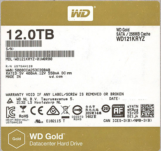 【中古】Western Digital製HDD WD121KRYZ 12TB SATA600 7200 28000～29000時間以内 [管理:1050023403]