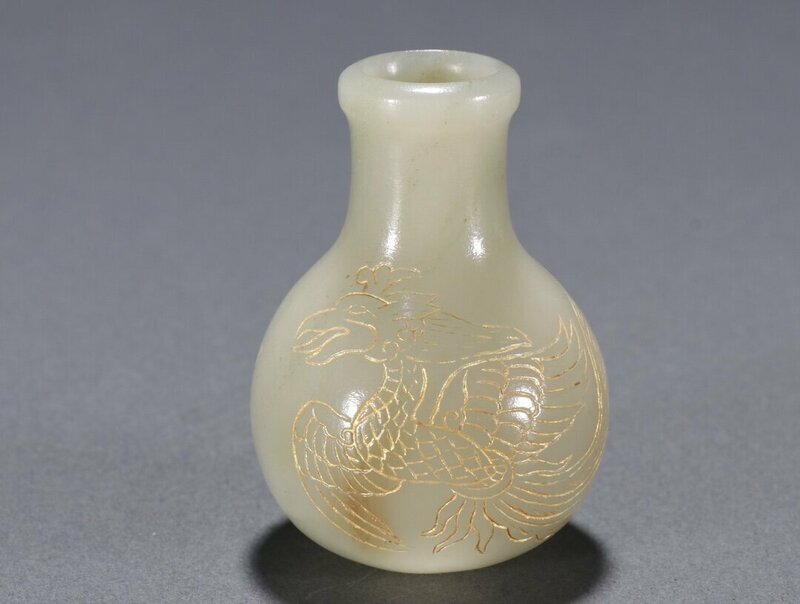  ▽鴻▽清・和田玉彫・鳳紋描金瓶 時代物 中国古美術 骨董品