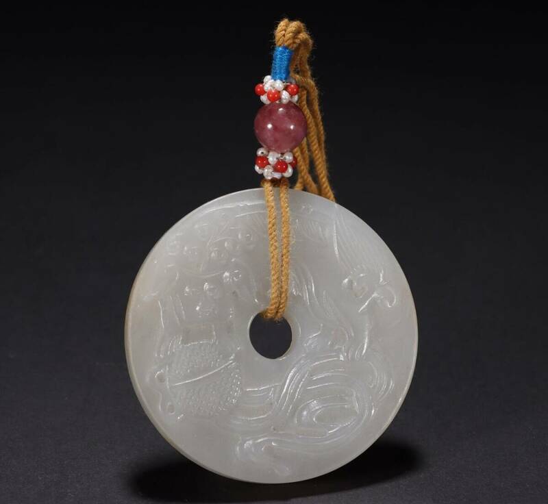  ▽鴻▽清・和田玉・白玉彫・獅子戯繍球紋玉壁 時代物 中国古美術 骨董品