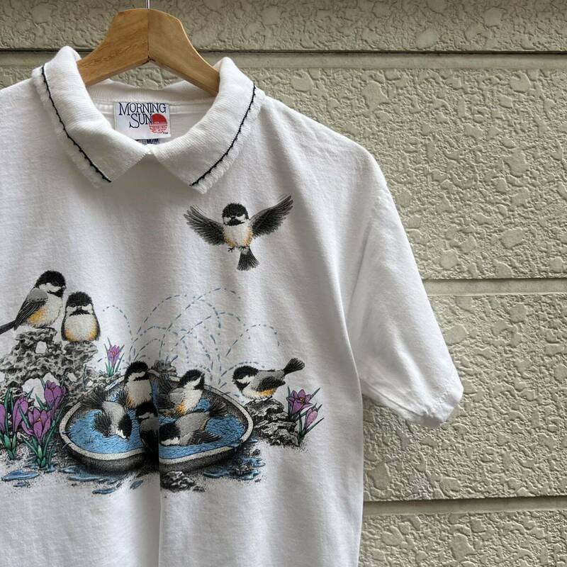 90s USA製 白 デザインTシャツ 襟付き プリントTシャツ レトロ MORNING SUN JERZEES ジャージーズ アメリカ製 古着 vintage ヴィンテージ