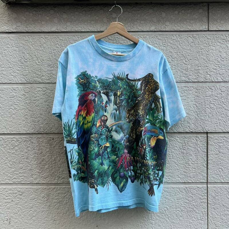 90s USA製 タイダイ プリントTシャツ 半袖Tシャツ H.L. MILLER ミラー RAINFOREST アメリカ製 古着 vintage ヴィンテージ Lサイズ 両面