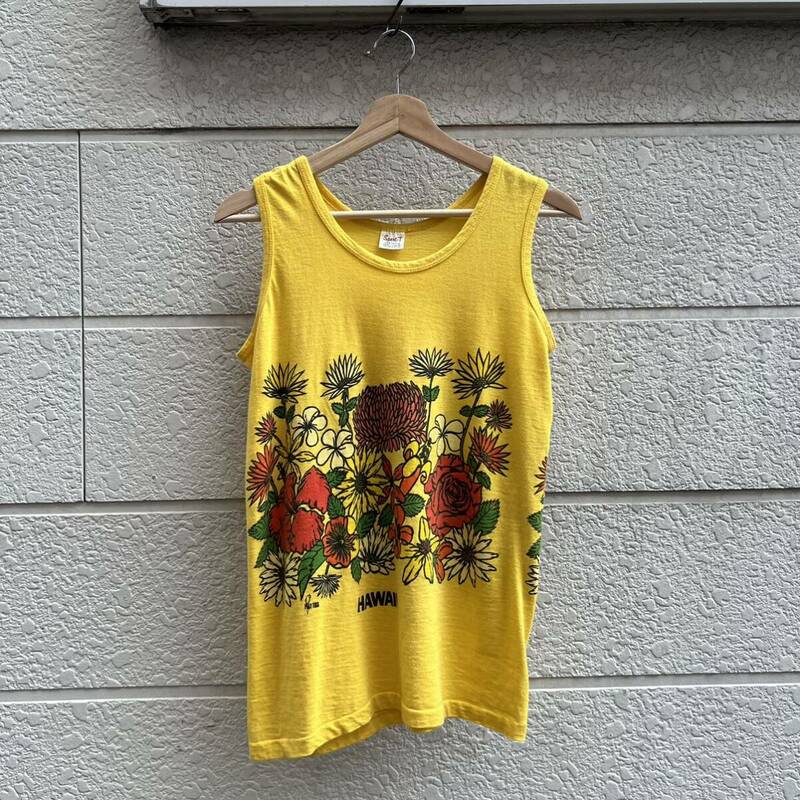 70s 80s USA製 黄色 タンクトップ ノースリーブ 花柄 Sport-T POLY TEES 両面プリント アメリカ製 古着 vintage ヴィンテージ Sサイズ