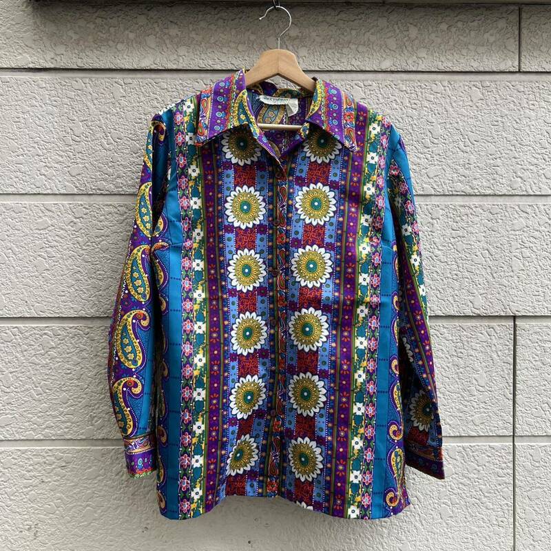 70s USA古着 総柄シャツ オープンカラーシャツ 派手 alex colman CALIFORNIA レトロ 花柄 ペイズリー アメリカ古着 vintage ヴィンテージ 