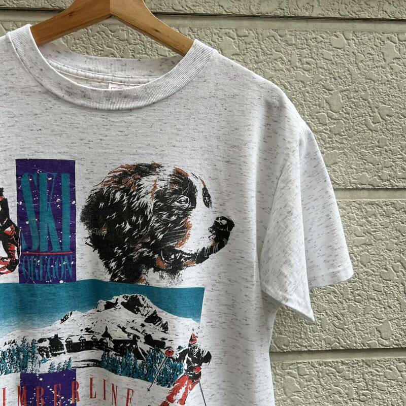 90s USA製 ライトグレー 半袖Tシャツ プリントTシャツ 犬 アニマルプリント スキー DELTA デルタ アメリカ製 古着 vintage ヴィンテージ L