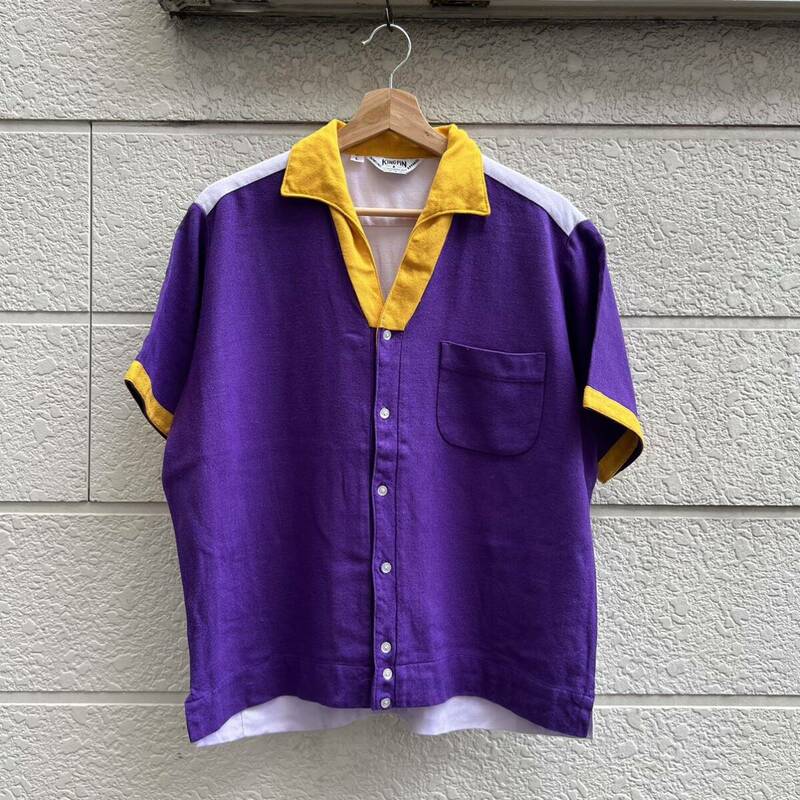 60s USA古着 半袖シャツ ボウリングシャツ 3トーン KINGPIN 無地 オープンカラーシャツ アメリカ古着 vintage ヴィンテージ Lサイズ